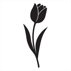 A single black tulip flower with stem and leaves in a graphic silhouette style on a white background
