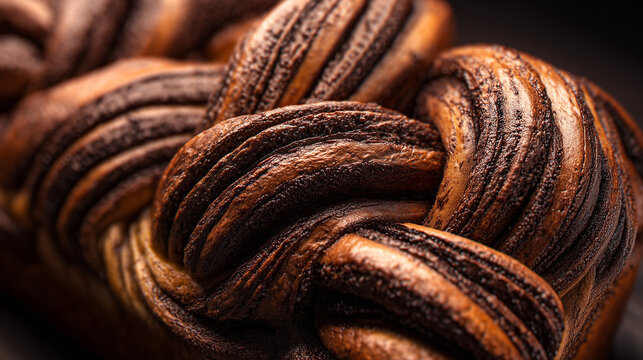 Close-up of freshly baked chocolate braided babka bread with rich swirls and golden brown crust
