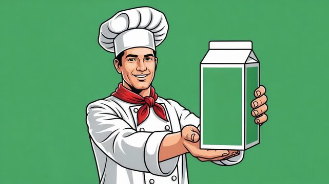 Smiling chef presents a blank green carton perfect for adding your logo or message in this engaging cartoon animation for marketing