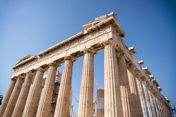 Parthenon on the Acropolis of Athens, Greece, view of the columns and capitals daytime scene
