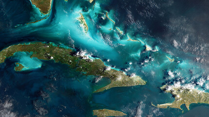 Obraz premium Satellite view of Cuba and the Bahamas islands turquoise waters surrounding the landmasses clouds partially obscuring some areas