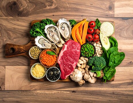 Assorted healthy foods on wooden board