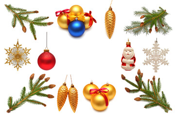 Christmas collection coniferous, ball, cones, toys isolated on white background