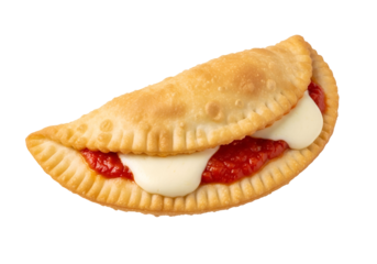 Close-up view of a golden-brown, crispy, and savory calzone, filled with a generous topping of tomato sauce and melted mozzarella cheese.