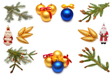 Christmas collection coniferous, ball, cones, toys isolated on white background