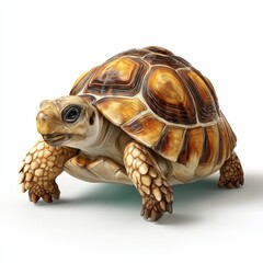 A small brown and tan turtle is standing on a white background