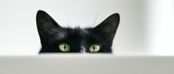 The curious black cat peeking over the edge with vibrant green eyes.