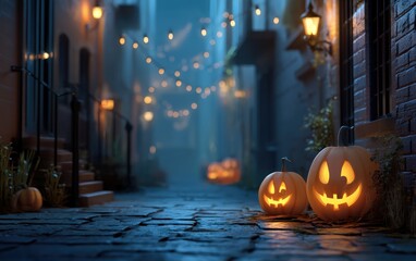 A street with a few pumpkins on the sidewalk