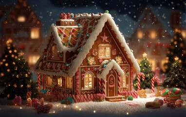 Fototapeta premium A gingerbread house with a candy cane on the front door
