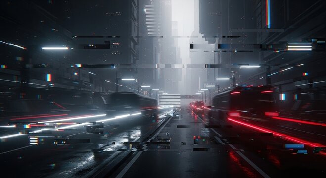Futuristic city with a vibrant road where cars are moving fast with red and white light effect