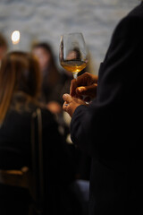 A man holds a glass of wine, making a toast.