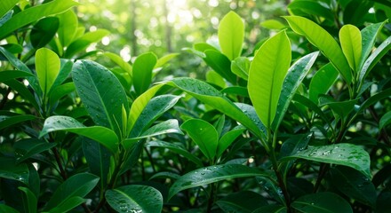 Obraz premium Lush Green Leaves and Bokeh Sunlight Creating a Serene Ambience