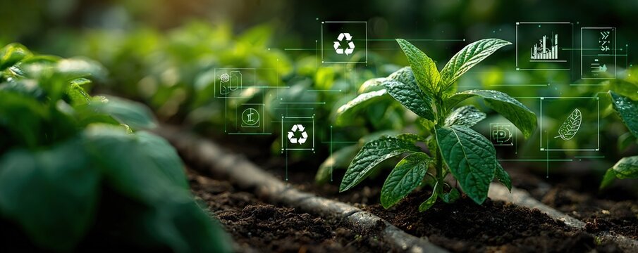 Green plants flourish in a field, augmented by digital icons, showcasing sustainable farming practices and data analysis