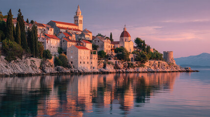 Obraz premium Coastal town sunset scenic view charming architecture old buildings peaceful water reflection picturesque landscape
