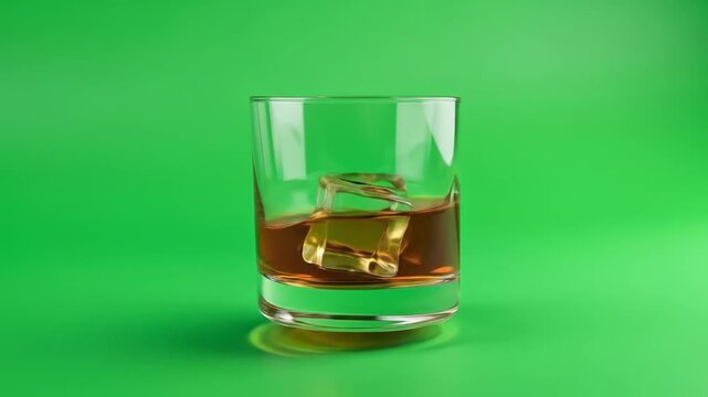 Green Screen Food & Beverage Close-up of Whiskey Glass with Ice Cubes on Bright Green Background  Green Screen  Chroma Key