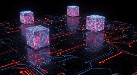Futuristic network communication represented by glowing cubes floating above an illuminated circuit board in a dark environment displaying advanced technology imagery.