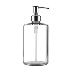 Clear glass soap dispenser with silver pump isolated on transparent background for bathroom or kitchen use