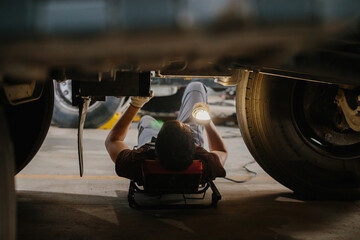 Mechanic lying down and repairing truck using flashlight in garage