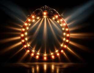 retro round marquee billboard with electric light laps glowing frame against te background of rays