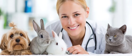 Happy veterinarian woman with blonde hair and white coat smiling with animals including dog rabbit cat and gray kitten indoors