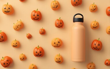 A bottle of water is next to a bunch of pumpkins