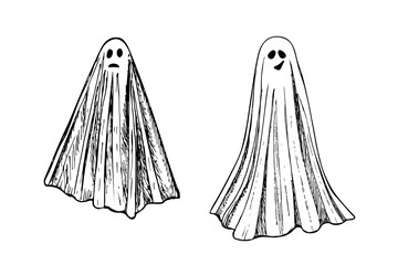 Ghost sketch outline illustration set. Scary ghosts, Halloween symbols - drawing in engraving style. Hand-drawn vector line art clipart isolated on a white background