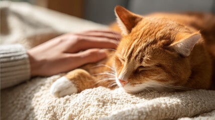 Close Up of a Calm Orange Cat Resting on a Soft Blanket with a Human Hand Petting Its Head for Comfort and Relaxation