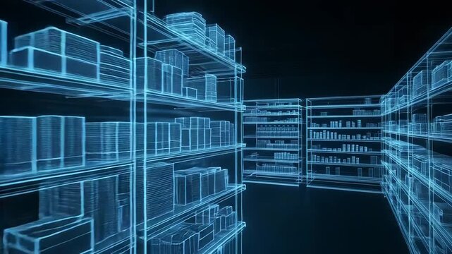 Wireframe supermarket shelves representing online shopping and retail technology