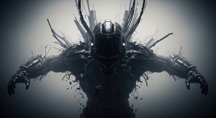 A dark and imposing figure with outstretched arms, emanating an aura of strength and mystery. The image evokes a sense of power and enigma.