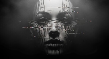 A haunting portrait of a human face, a captivating vision of technology. The image evokes a sense of mystery and introspection, a blend of organic and mechanical elements.