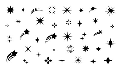 Collection of Black Star and Sparkle Icons on White Background
