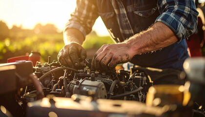 Man working on engine outdoors