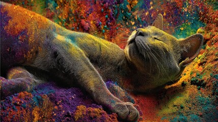 Obraz premium Playful cat lying on colorful powder with vibrant splashes of paint, relaxed feline resting in a lively artistic environment