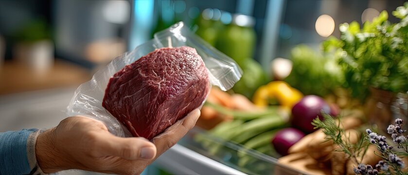 Hands hold a premium cut of meat while organizing fresh vegetables in a well-stocked refrigerator filled with vibrant colors