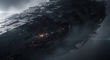 A warship suffers severe damage, amidst a hazy atmosphere. Its damaged structure reveals intricate details and exposed internal elements, creating a striking visual