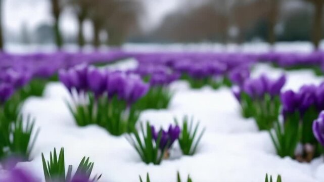 Purple crocuses blooming in a snowy field, signaling early spring.