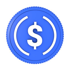 Blue USD Coin cryptocurrency token isolated on transparent background, digital stablecoin with dollar symbol, blockchain financial asset illustration, PNG image