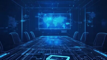 Futuristic conference room showing global business on virtual screen - Powered by Adobe