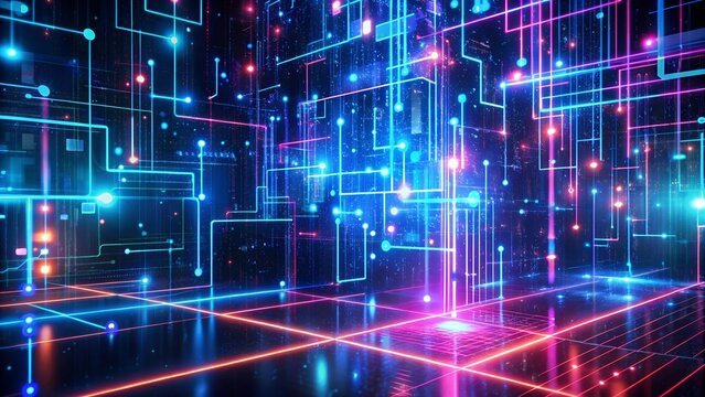 Futuristic digital cityscape with glowing neon blue and pink lines, representing a connected network and data infrastructure - Powered by Adobe