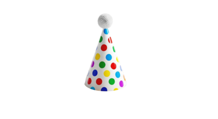 A single party hat with colorful polka dots and a white pom pom isolated on a black background