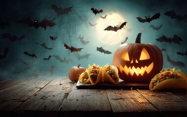 A table with a pumpkin, some tacos, and a bunch of bats