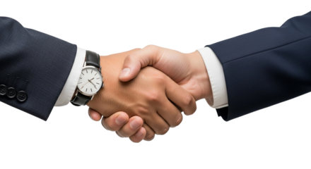 A close up of two people shaking hands wearing suits with one wearing a watch on a black background