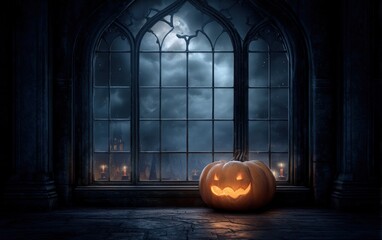 A pumpkin with a scary face is sitting on the floor in front of a window