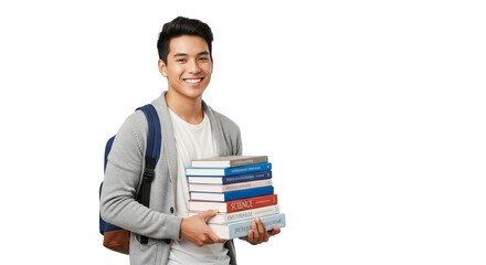 Smiling student holding a stack of books wearing a gray cardigan and a backpack on black background