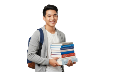 Smiling student holding a stack of books wearing a gray cardigan and a backpack on black background