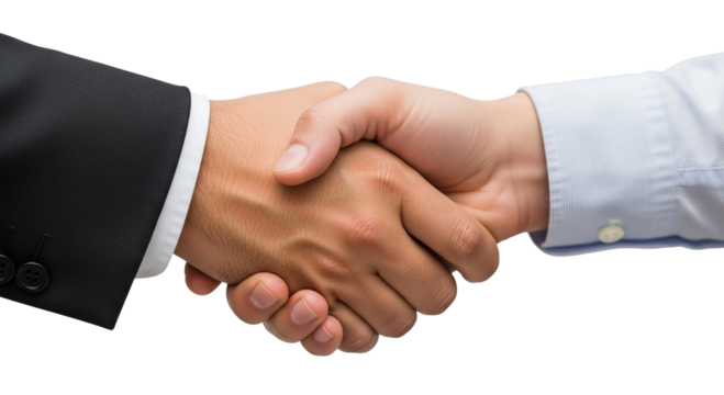 A close up shot of two people shaking hands one wearing a suit and one wearing a light blue shirt