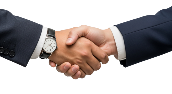 A close up of two people shaking hands wearing suits with one wearing a watch on a black background