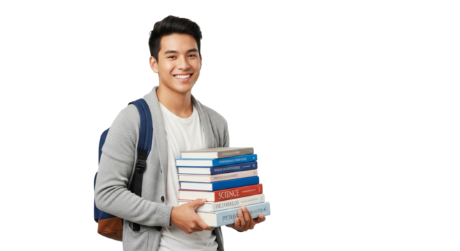 Smiling student holding a stack of books wearing a gray cardigan and a backpack on black background - Powered by Adobe