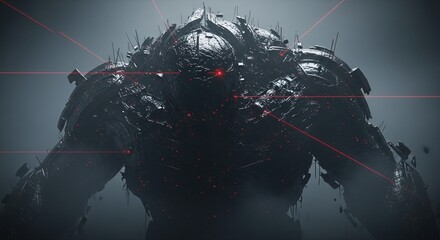 A menacing metallic being with glowing red eyes, shrouded in an ominous atmosphere. Its dark, rough exterior hints at immense power and a formidable presence