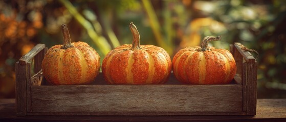 The vibrant pumpkins displayed in a rustic wooden crate in autumn setting